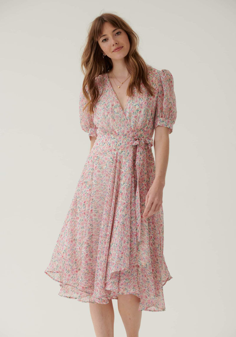 Short Sleeve Wrap Midi Dress in Pink Floral- Outlet – Liena